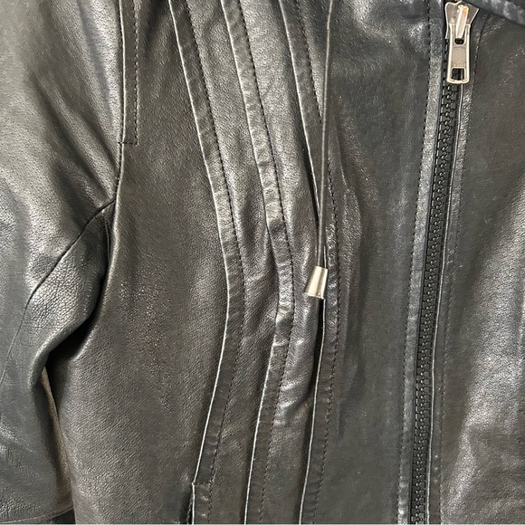 Soia & Kyo Hooded Black Leather Zip Motorcycle Jacket Women's Size X Small - Picture 3 of 15